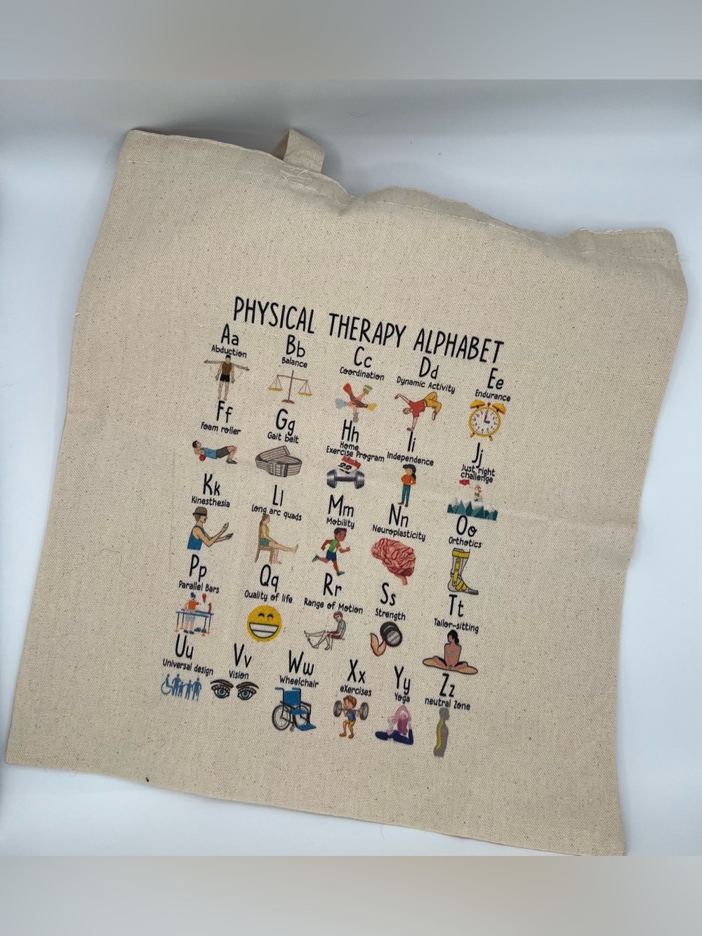 NEW- Canvas Tote Bag - Beige with Printed 'Physical Therapy Alphabet' Design